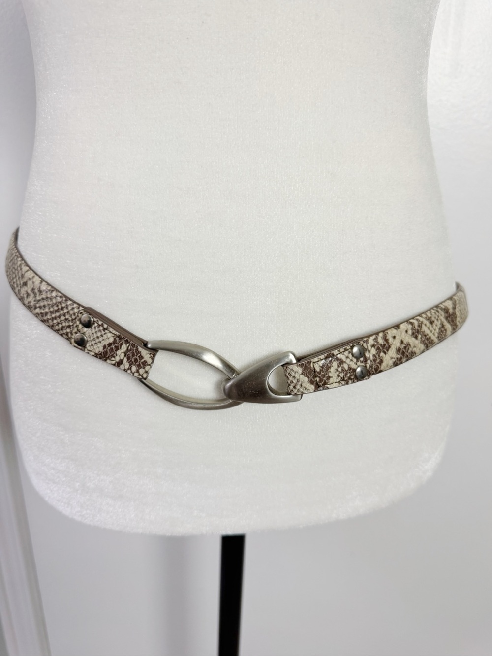 Vintage Beige and Brown Snake-Print Belt with Brushed Metal Link